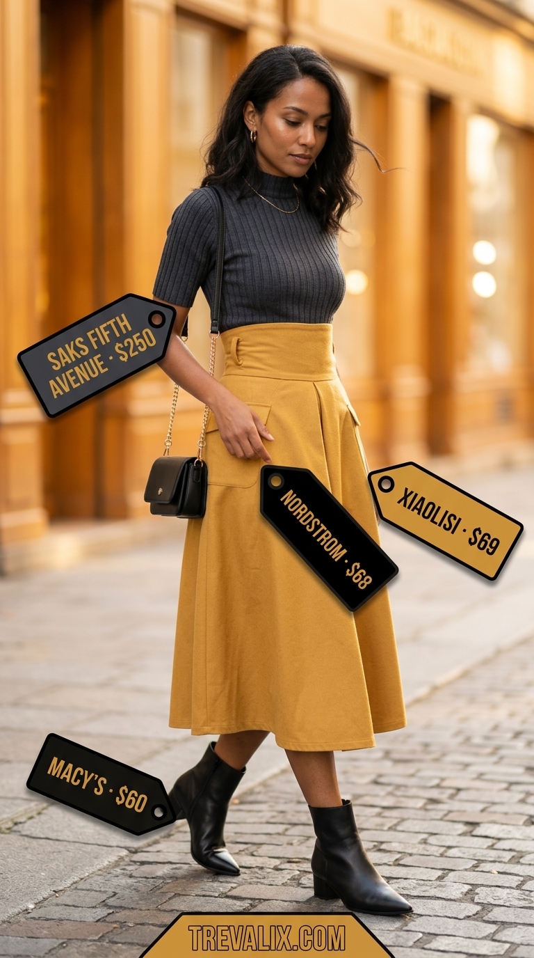 Tall women summer outfits 2026: Mustard yellow midi skirt, charcoal mock neck top, and black ankle boots for an art gallery.
