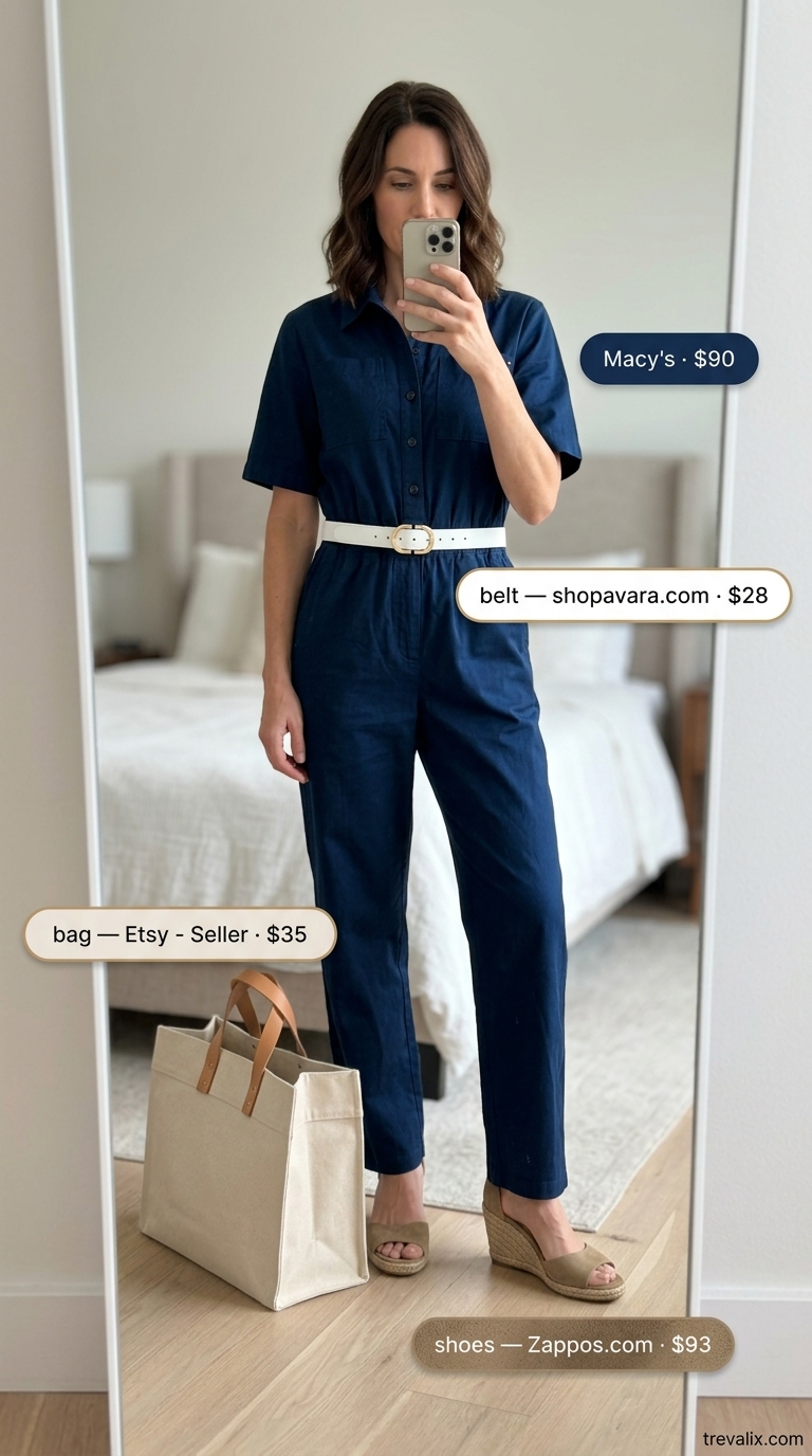 Tall women summer outfits 2026: Navy utility jumpsuit, canvas tote & espadrilles for a chic day out.