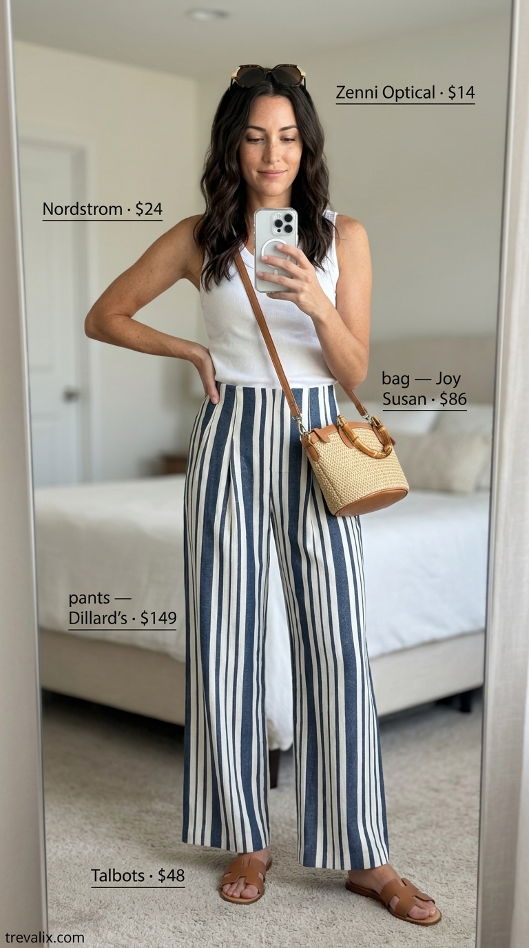 Tall women summer outfits 2026: Navy stripe linen pants, white tank & tan sandals for a seaside stroll.