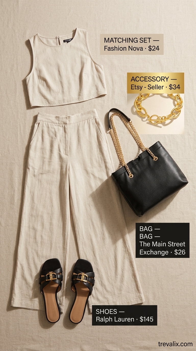 Tall women summer outfits 2026: Oatmeal linen matching set with black slides and aviators for a resort retreat.