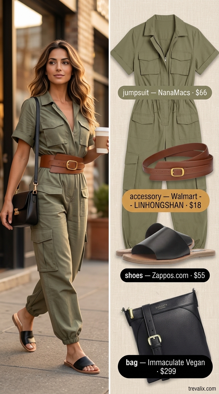 Tall women summer outfits 2026: Olive green utility jumpsuit, black slides, and gold hoops for a chic adventure.