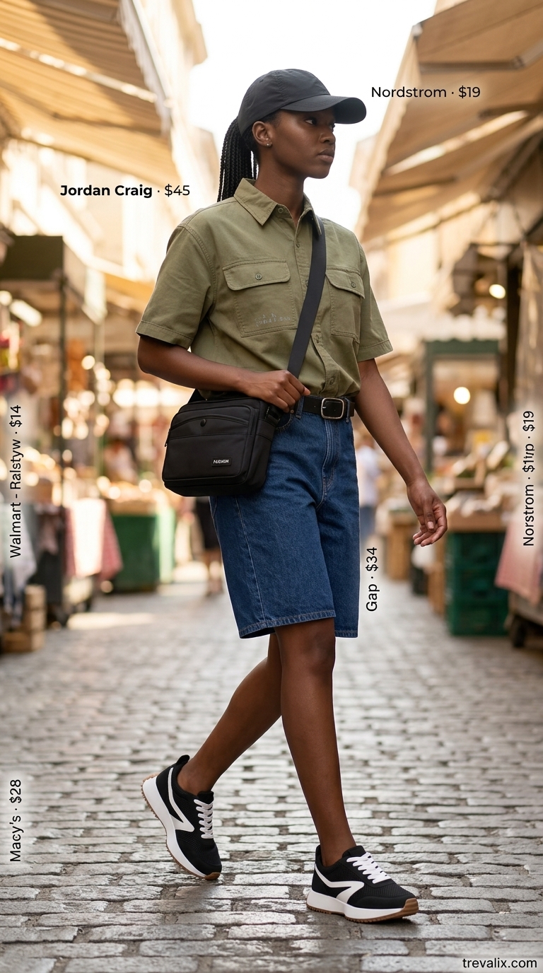 Tall women summer outfits 2026: Olive utility shirt, dark wash denim shorts, and chunky sneakers for city exploring.