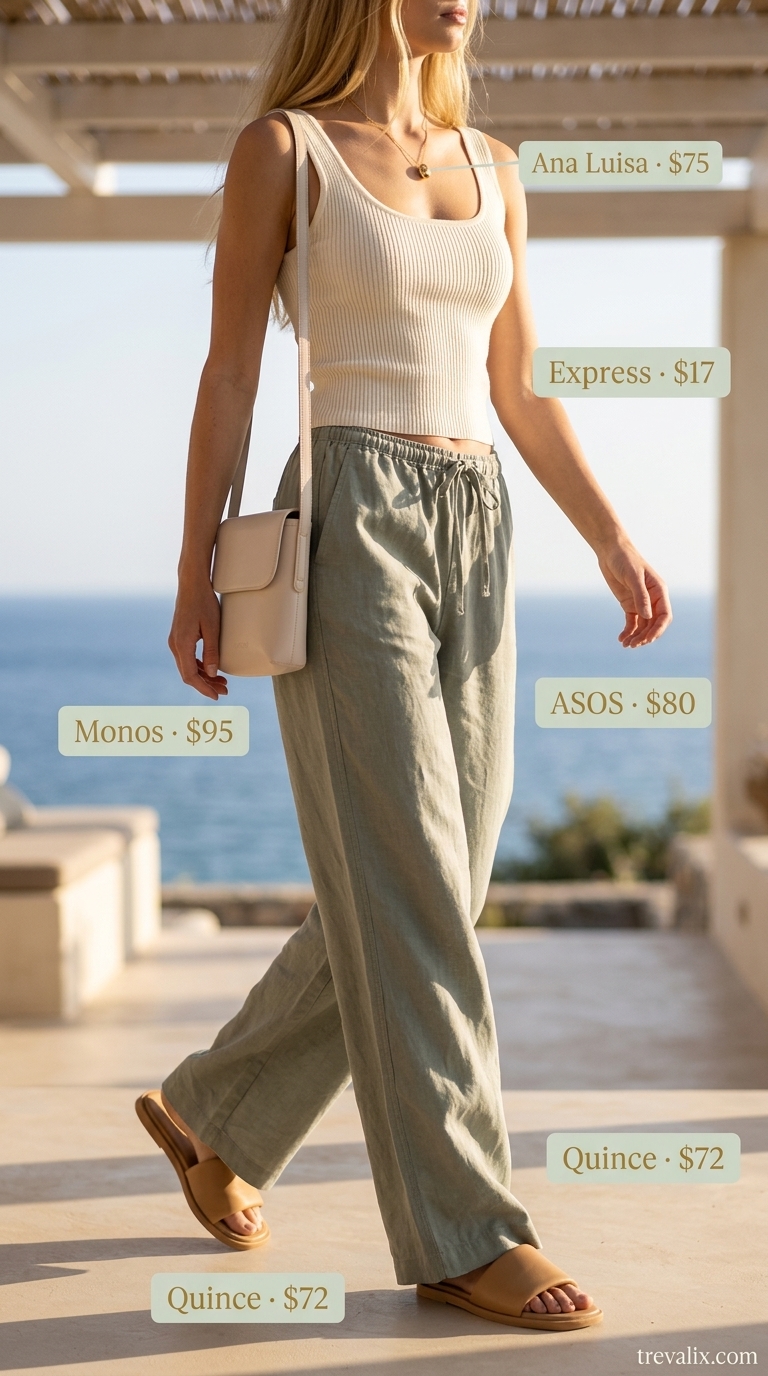 Tall women summer outfits 2026: Sage green linen pants, cream knit top, and minimalist sandals for resort wear.