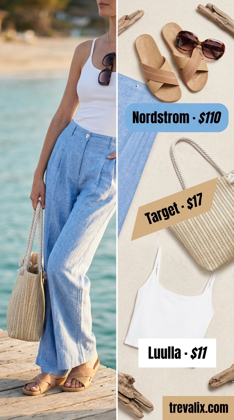 Tall women summer outfits 2026: Sky blue linen pants, white crop tank, and tan slides for a coastal getaway.