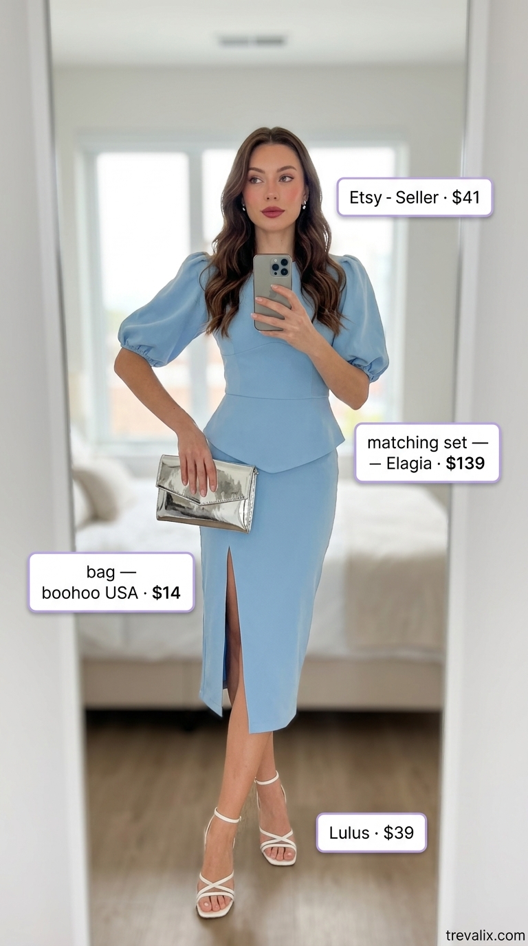 Tall women summer outfits 2026: Sky blue linen matching set, silver clutch & white sandals for a garden party.