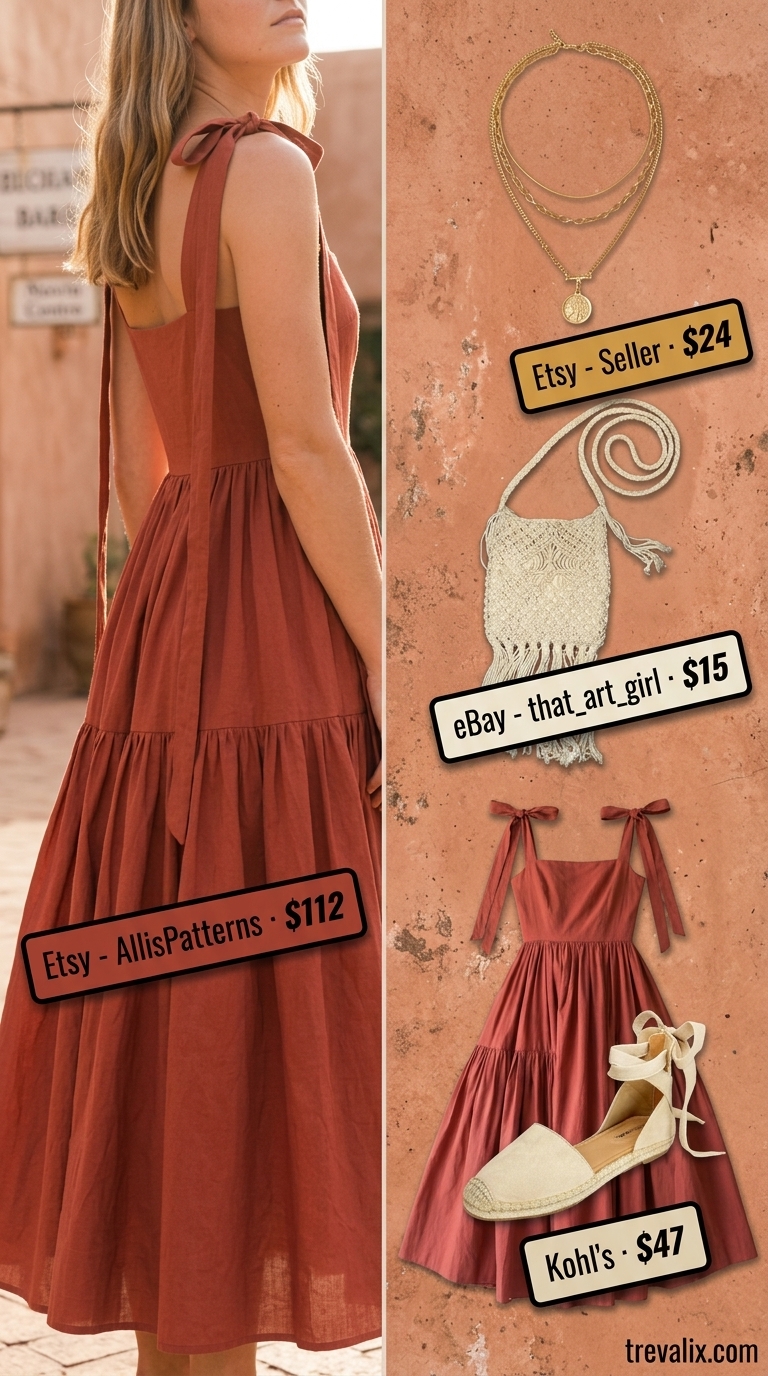 Tall women summer outfits 2026: Terracotta maxi dress, macrame bag, and layered gold necklaces for a bohemian vibe.