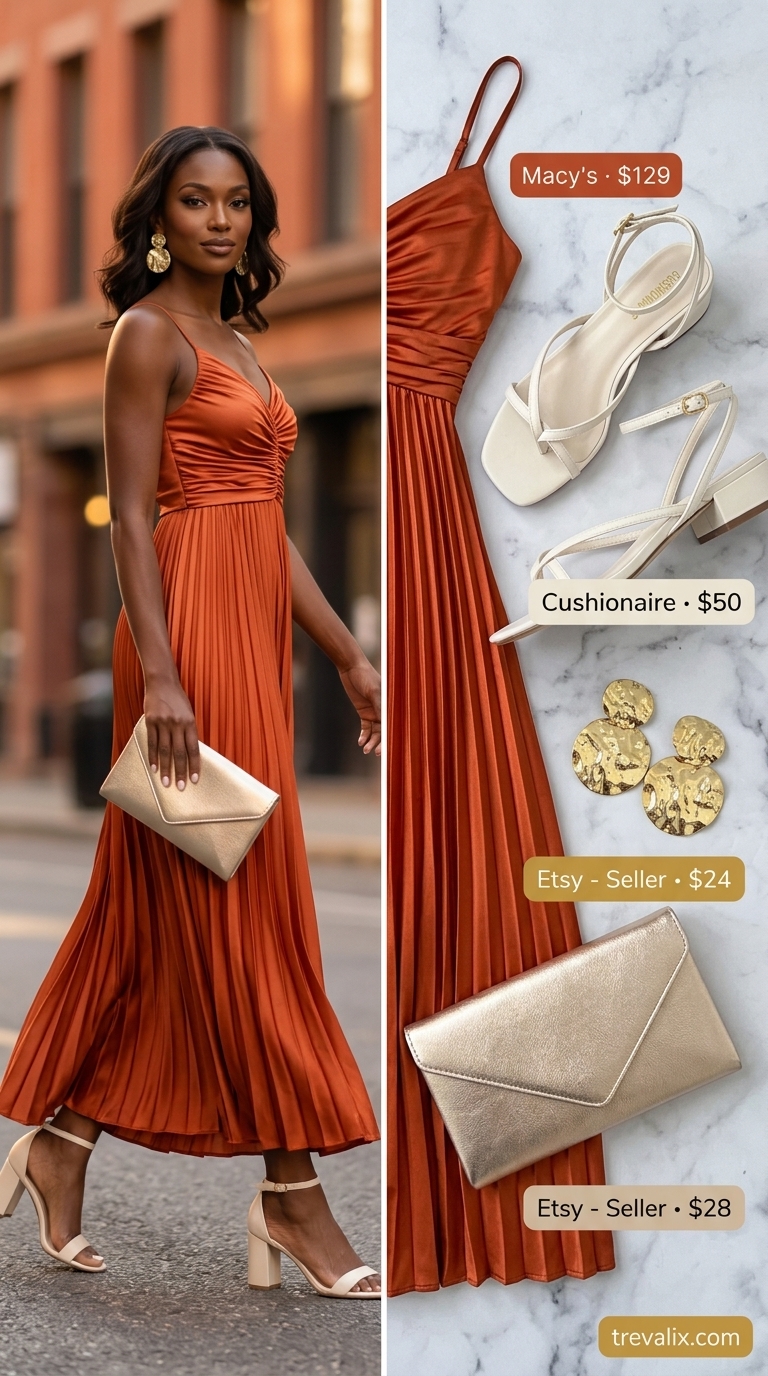 Tall women summer outfits 2026: Terracotta orange flowy maxi dress, gold drop earrings, and strappy sandals for a gala.