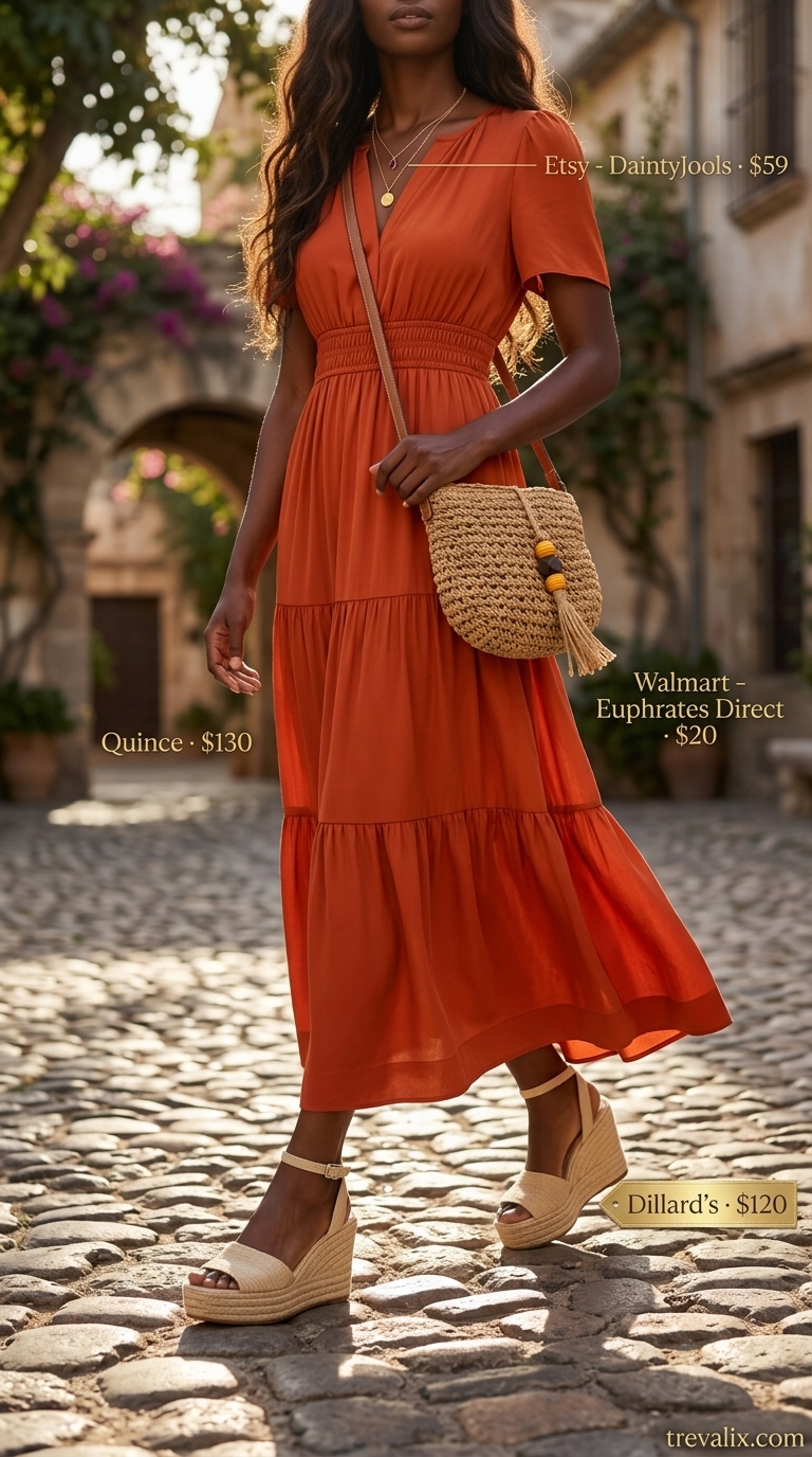 Tall women summer outfits 2026: Terracotta tiered maxi dress, espadrille wedges, and straw bag for a bohemian evening.