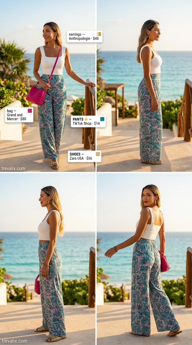 Tall women summer outfits 2026: Tropical print pants, white crop top & gold sandals for resort glam.
