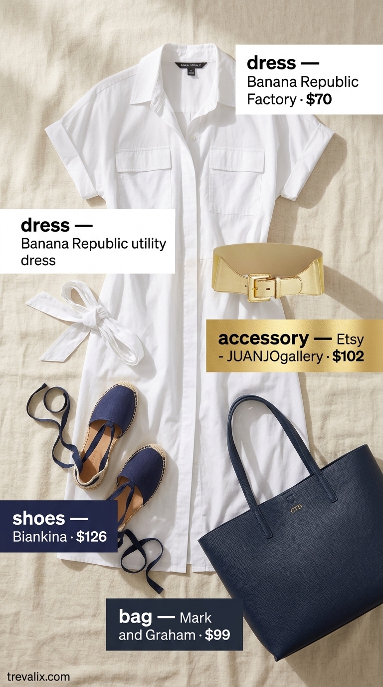 Tall women summer outfits 2026: White oversized shirt dress, navy tote, and espadrilles for a nautical getaway.