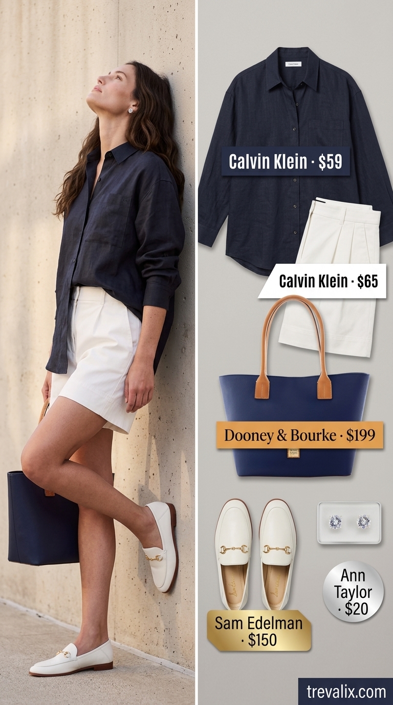 Tall women summer outfits 2026: White Bermuda shorts, navy linen shirt, and loafers for a polished brunch.