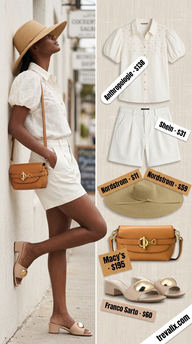 Textured all white summer outfits for women 2026: Eyelet blouse with denim shorts, sun hat, and leather slides.