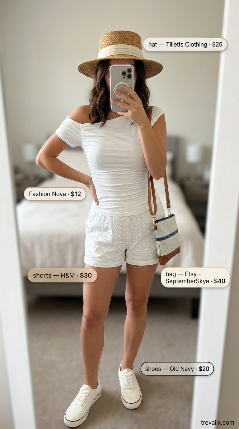 Textured all white summer outfits for women 2026: Eyelet blouse and shorts for casual days. White blouse, shorts, sneakers, straw hat.