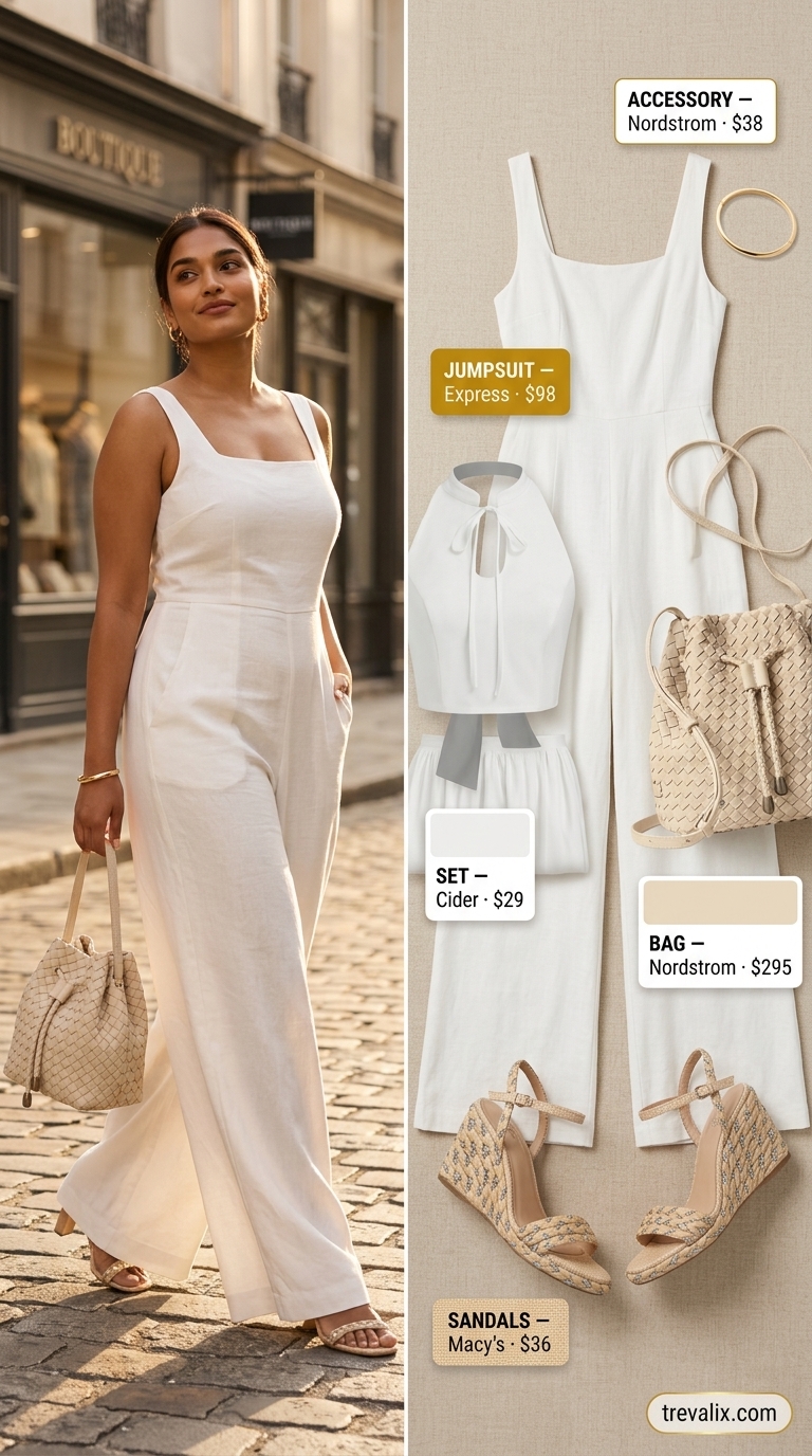 Effortless white linen wide-leg jumpsuit outfit for women 2026, for casual outings and summer travel.