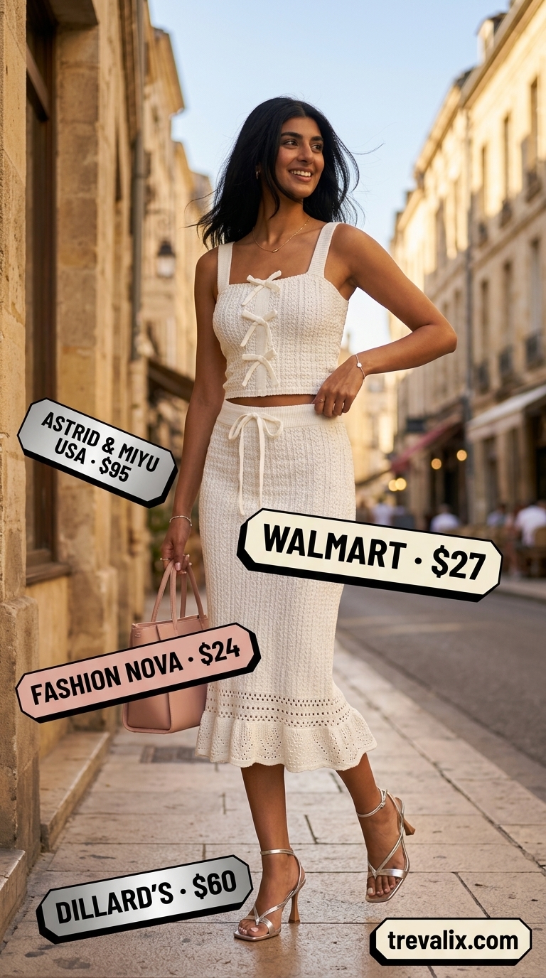 Textured all white summer outfits for women 2026: Knit skirt set for nights out. White knit set, silver heels, pink bag.