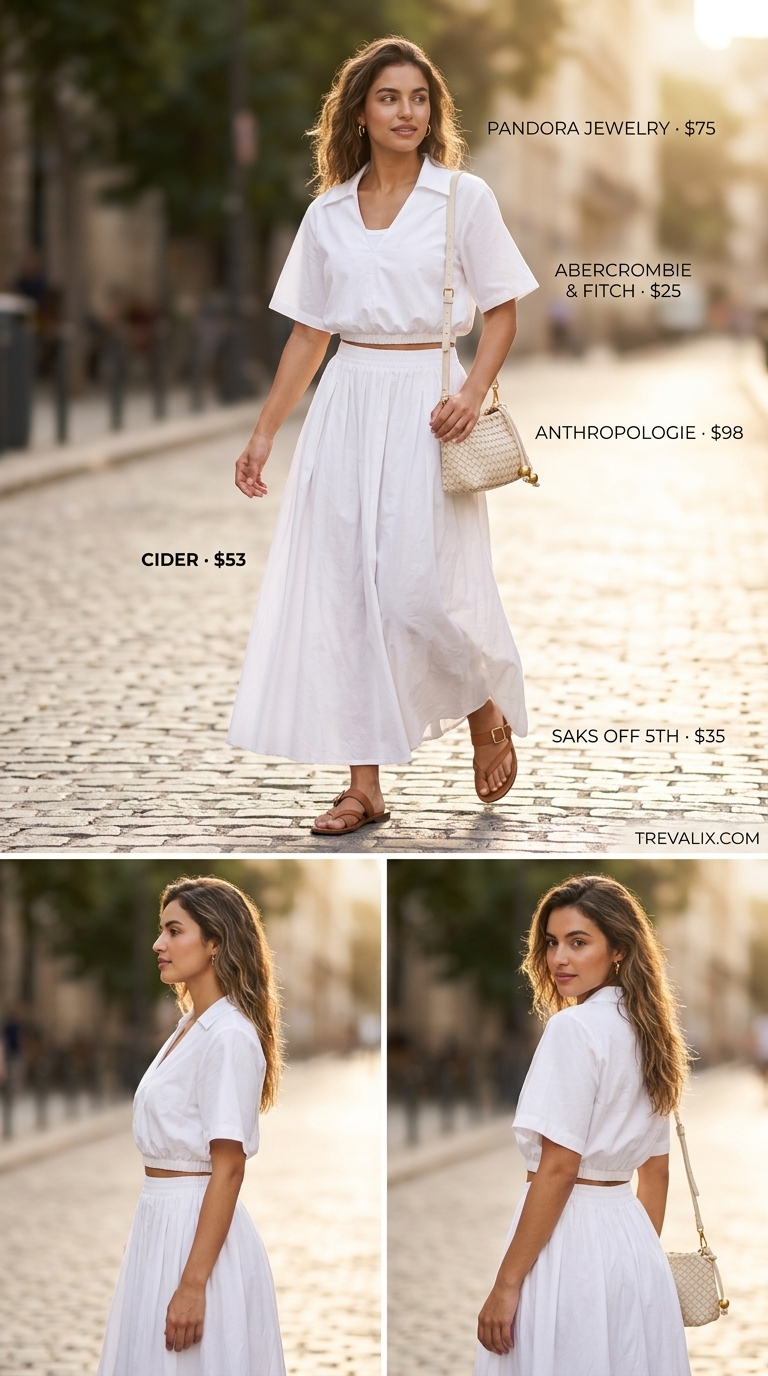 Textured white knit midi skirt outfit for women 2026, ideal for casual outings and lunch with friends.