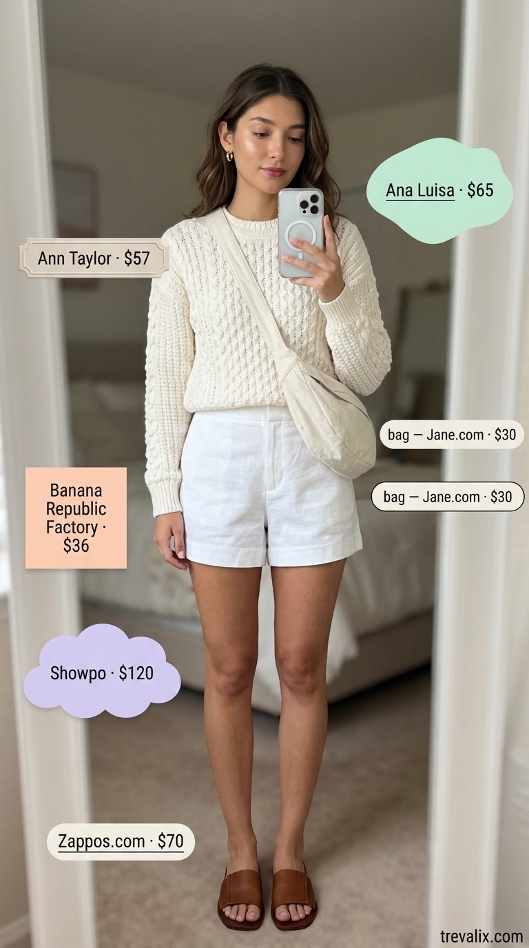 Textured all white summer outfits for women 2026: Knit sweater and linen shorts for cool evenings. White sweater, shorts, slides.