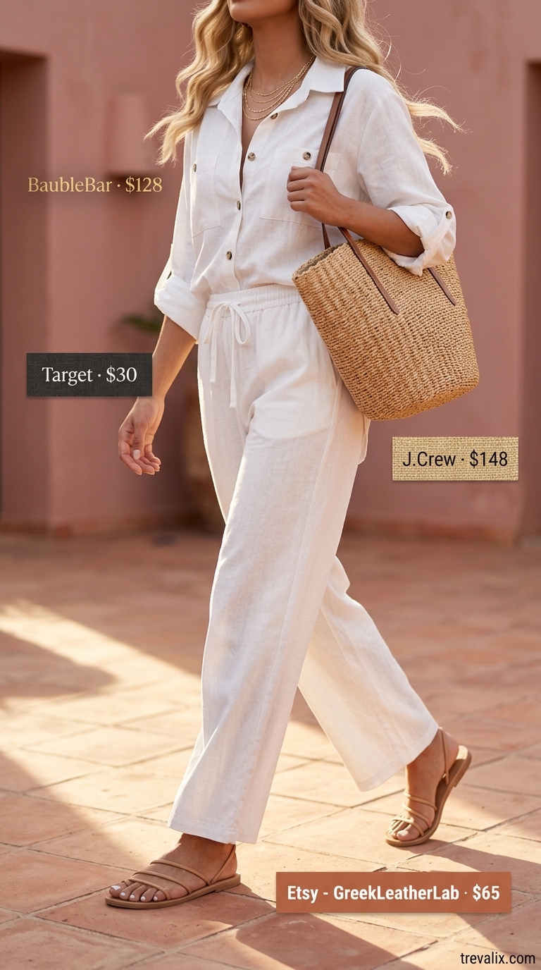 Textured all white summer outfits for women 2026: Linen set for beach day, brunch. White shirt, pants, tan sandals, straw tote.