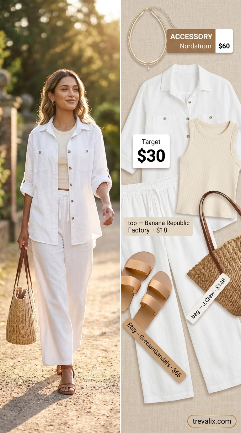 Textured all white summer outfits for women 2026: Linen set with ribbed tank, oversized shirt, wide-leg pants, and slides.