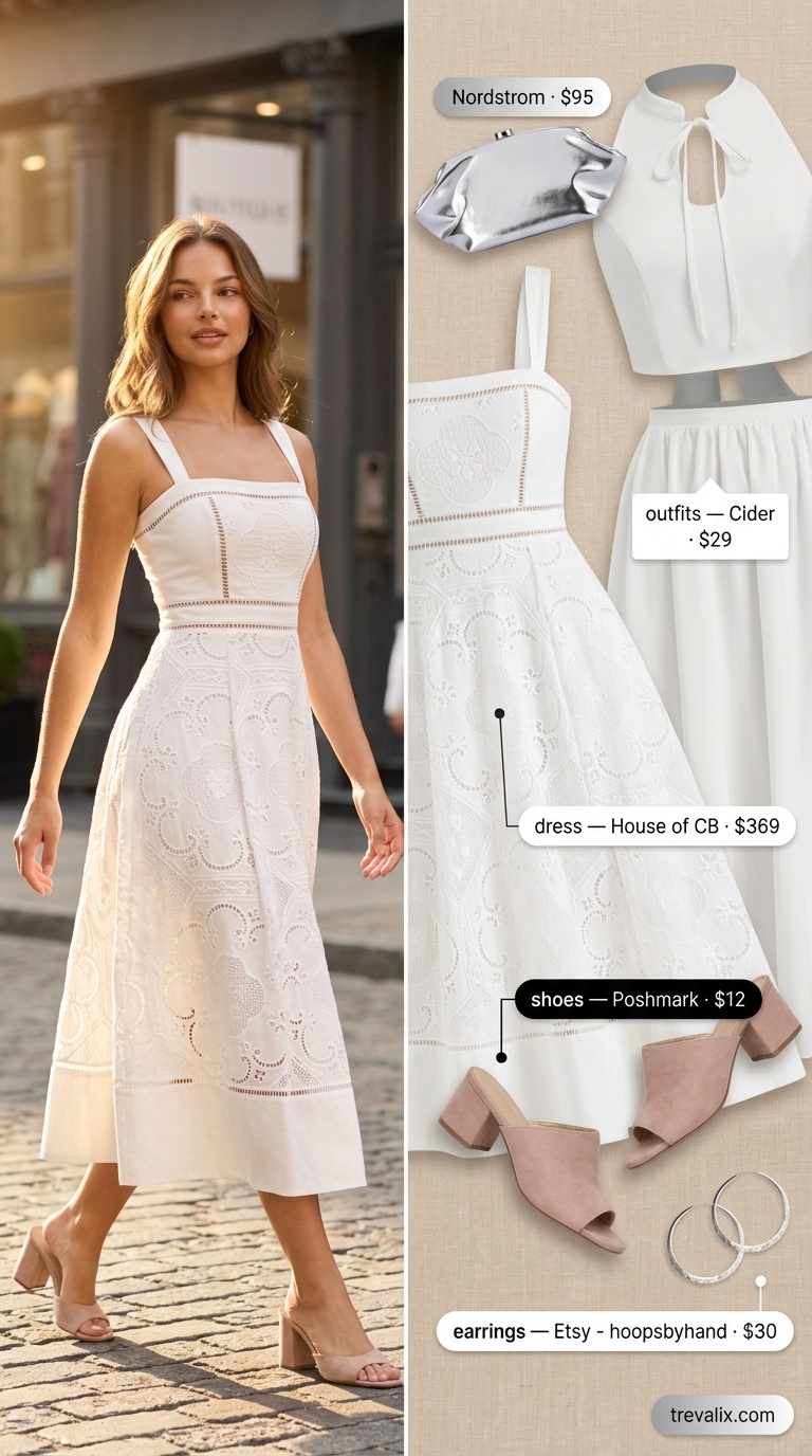 Textured all white summer outfits for women 2026: Textured midi dress in white with blush mules and silver accessories.