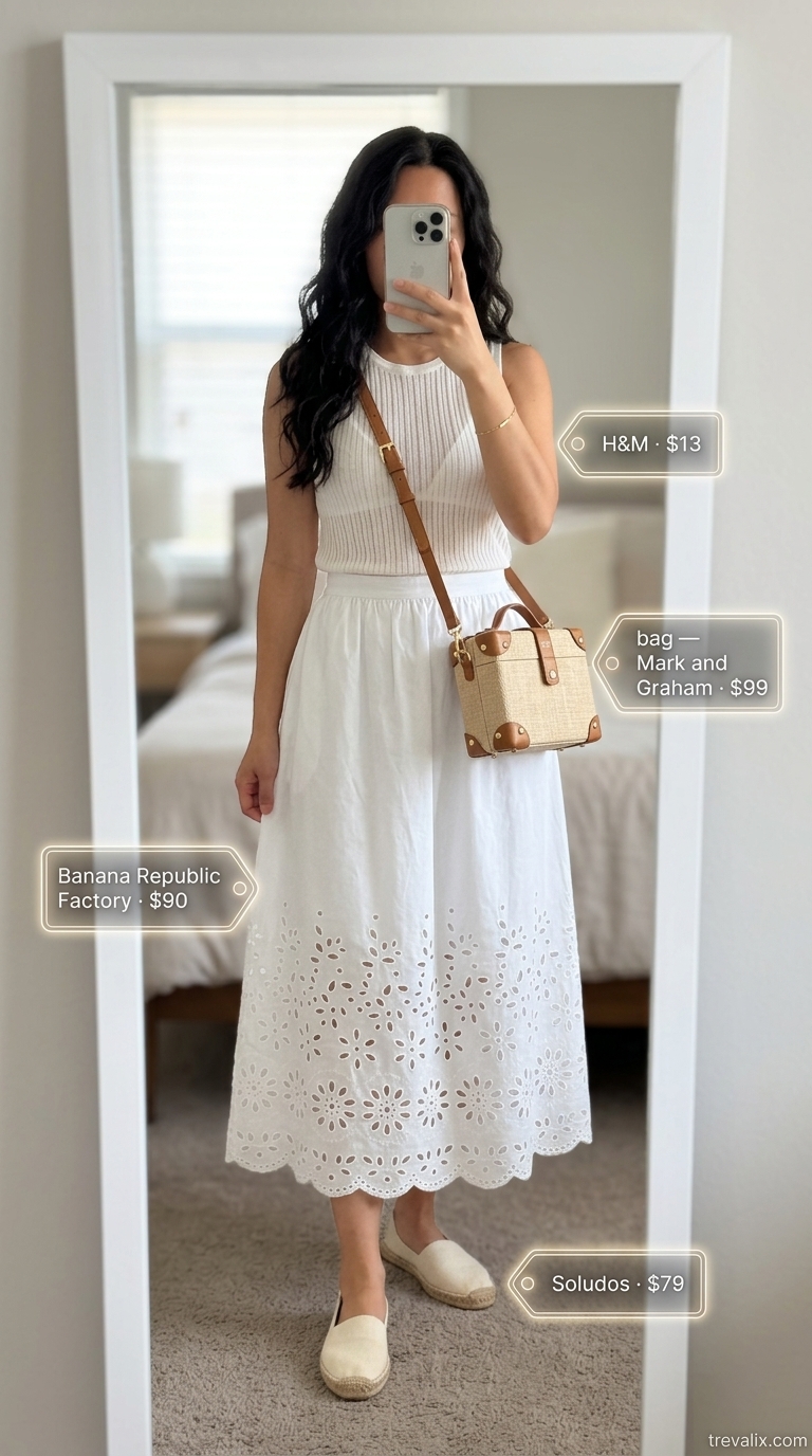 Breezy white textured cotton midi skirt outfit for women 2026, for casual days and picnics.