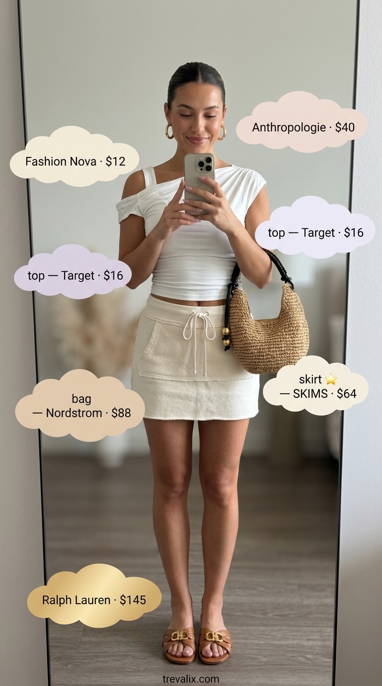 Textured all white summer outfits for women 2026: White terry mini skirt, crop top, gold hoops, and leather slides.