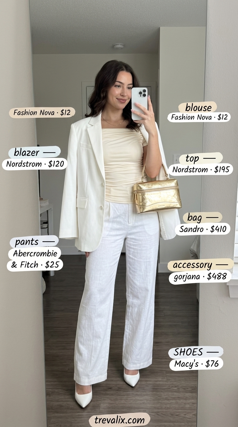 Monochromatic white power suit outfit for women 2026, for summer events and smart casual office.