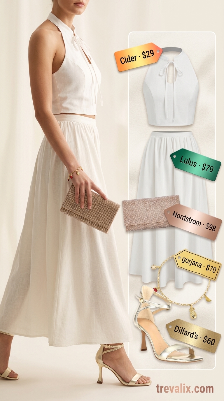 Textured all white summer outfits for women 2026: Maxi dress with sheer overlay, gold heels, and embellished clutch.