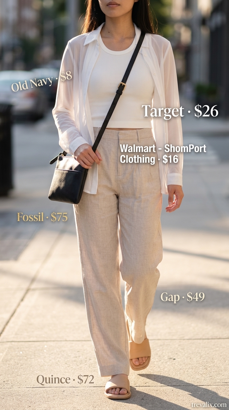 Textured all white summer outfits for women 2026: Sheer button-down layered over a tank with linen trousers and sandals.