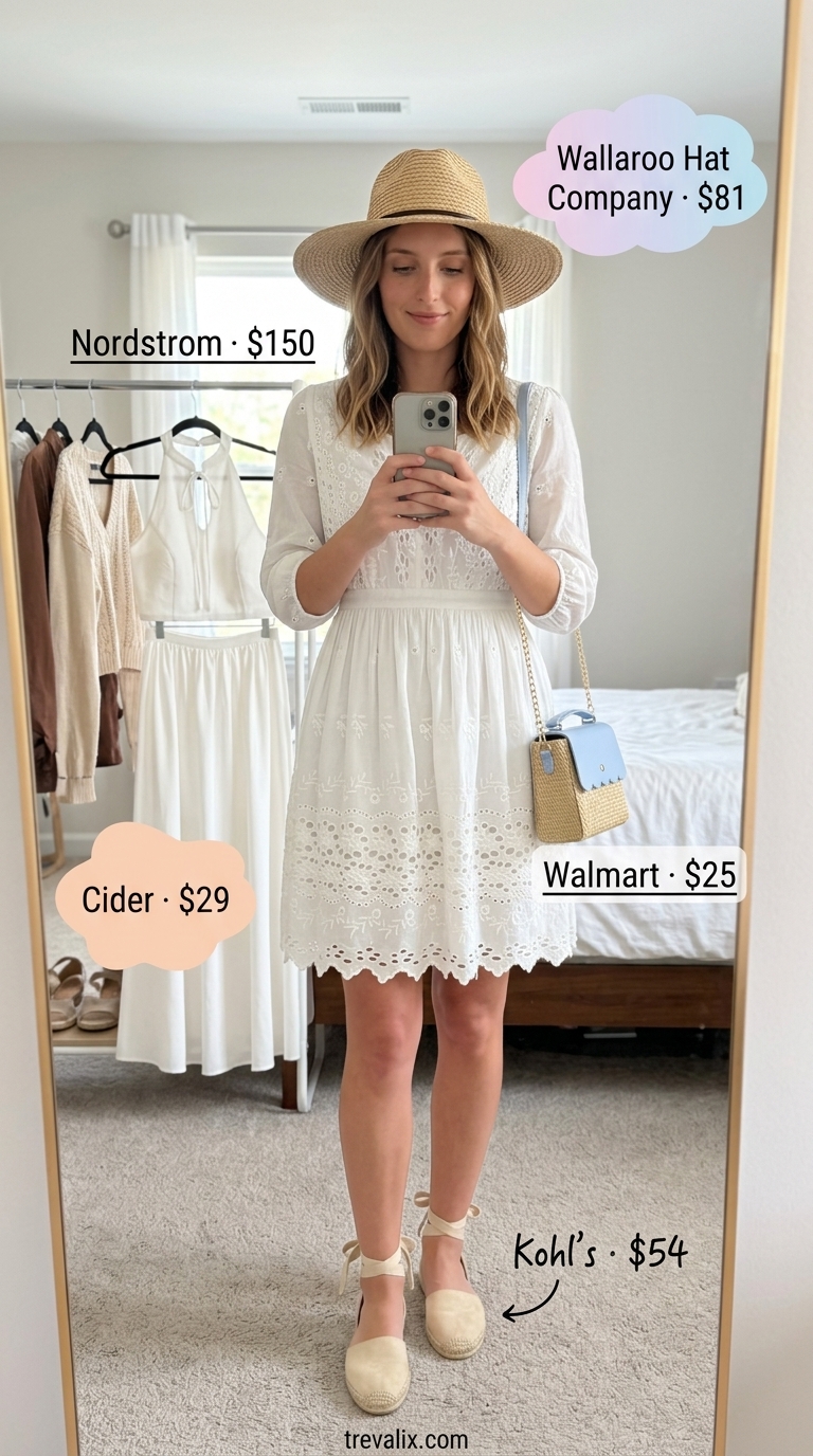 Textured all white summer outfits for women 2026: White eyelet sundress, straw hat, espadrilles, and woven crossbody bag.