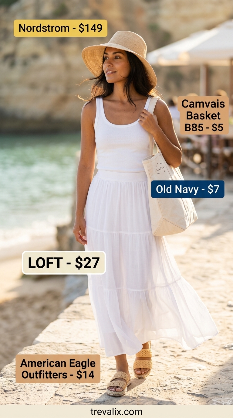 Tiered white cotton maxi skirt outfit for women 2026, perfect for beach vacations and outdoor cafes.