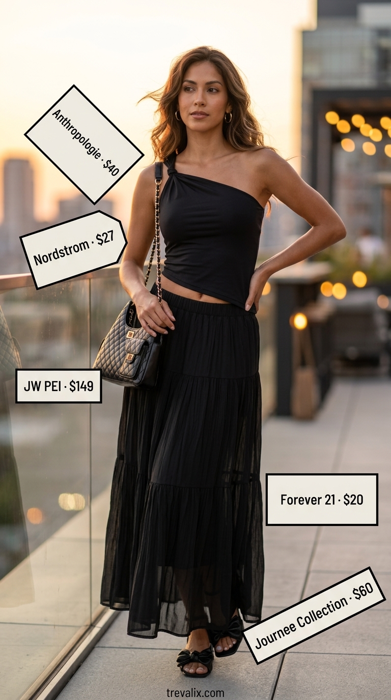 Urban Sunset Drinks Tiered Maxi Skirt Outfits Summer 2026 Chic black tiered maxi skirt outfit for summer 2026, with one-shoulder top and strappy heels for evening drinks.