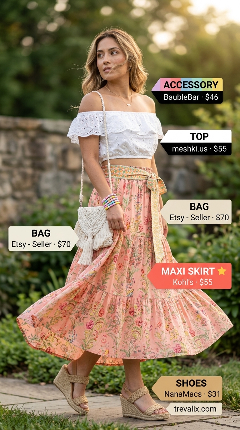 Boho Tiered Maxi Skirt Outfits Summer 2026 Tiered maxi skirt outfits summer 2026: Floral skirt, white off-shoulder top, macrame bag, espadrille wedges.