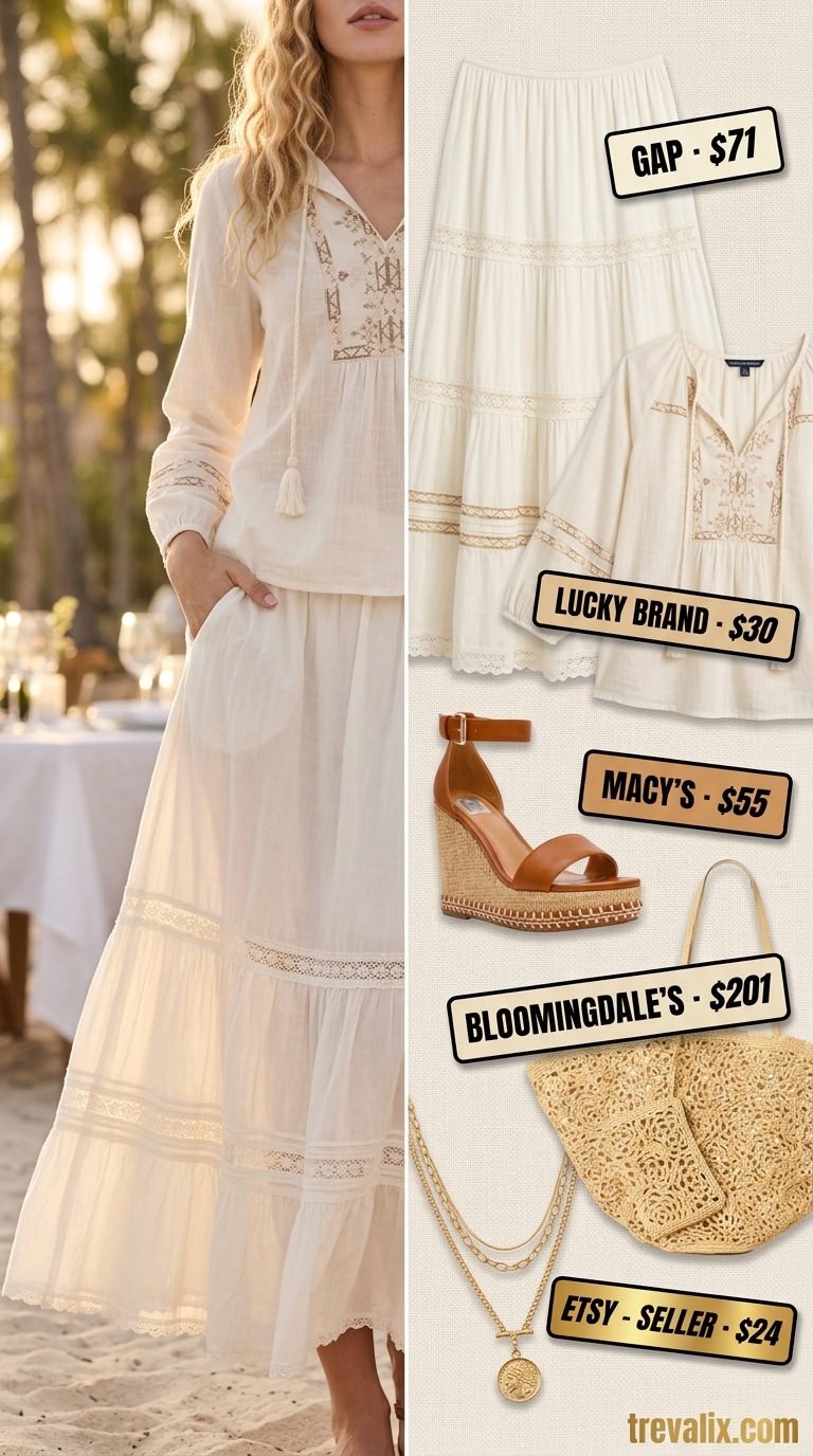Boho Tiered Maxi Skirt Outfits Summer 2026 Tiered maxi skirt outfits summer 2026: Ivory skirt with lace, white peasant blouse, straw tote, espadrilles.