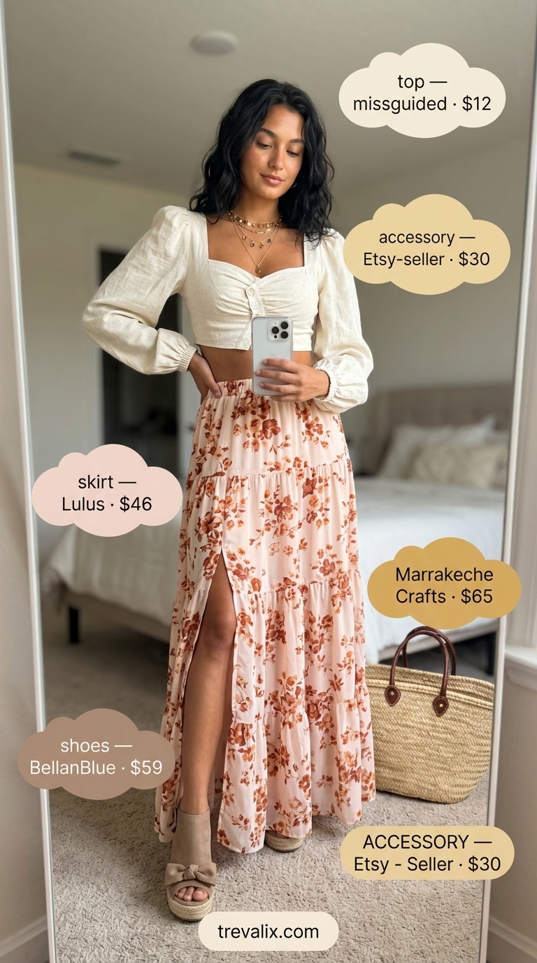 Boho Sunset Soiree Tiered Maxi Skirt Outfits Summer 2026 Boho summer outfit: rust floral tiered maxi skirt, cream peasant top, espadrille wedges for vacation evenings.