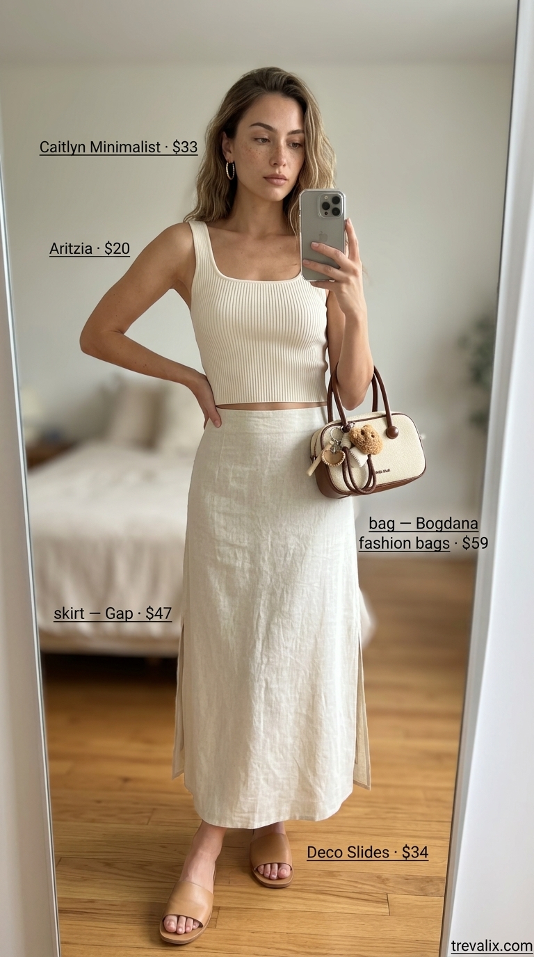 Tiered Maxi Skirt Outfits Summer 2026: Brunch Elegance Chic ecru tiered maxi skirt outfit with a ribbed tank and leather slides for summer 2026 brunch.