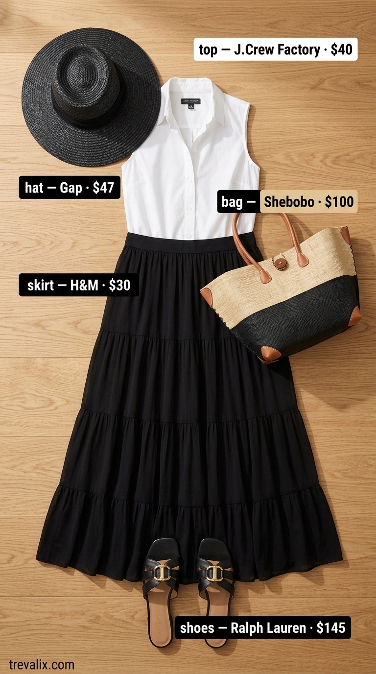 Tiered Maxi Skirt Outfits Summer 2026: B&W Evening Timeless black tiered maxi skirt outfit with a white shirt and straw hat for summer 2026 evening.