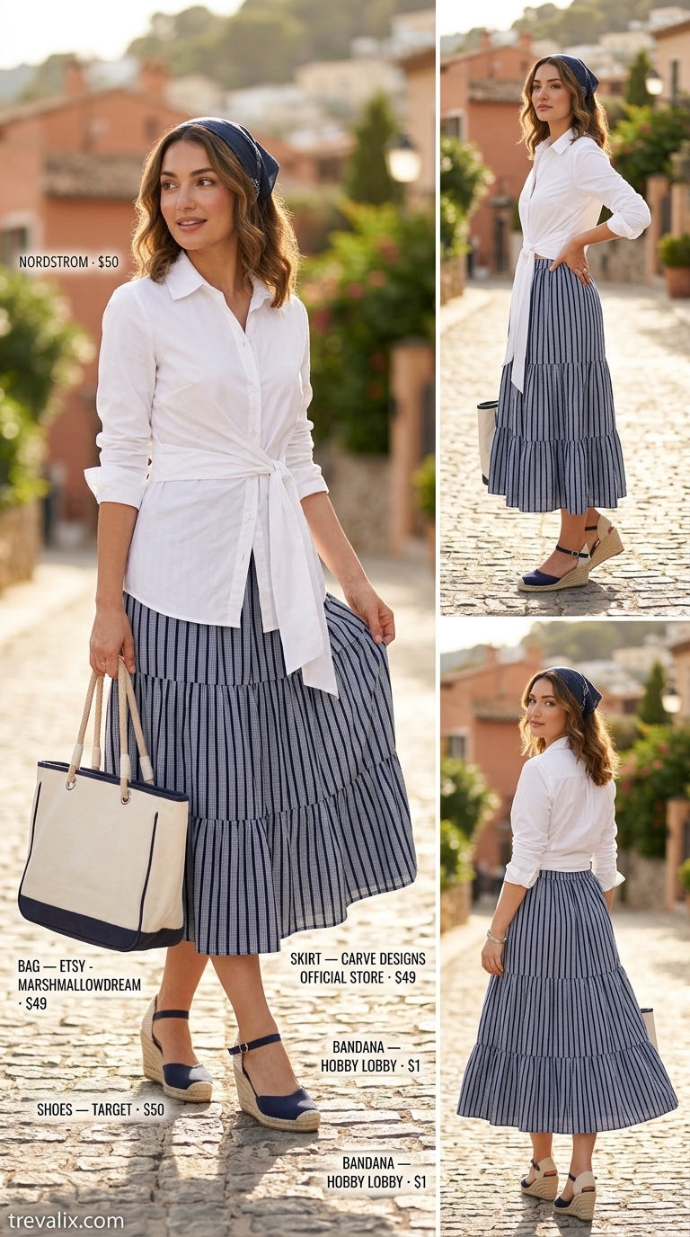 Tiered Maxi Skirt Outfits Summer 2026: Coastal Classic Classic navy and white striped tiered maxi skirt outfit with an oversized shirt for summer 2026 coastal getaway.