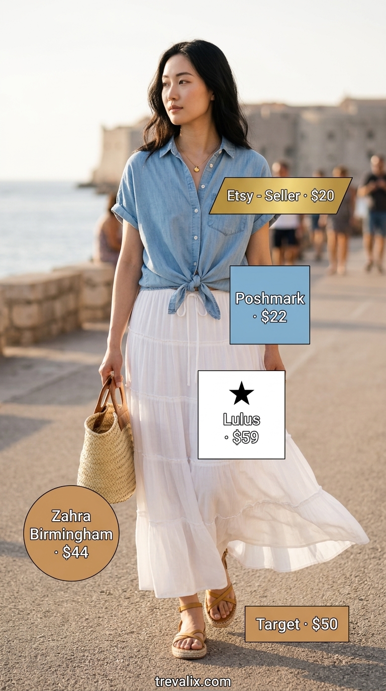 Coastal Tiered Maxi Skirt Outfits Summer 2026 Tiered maxi skirt outfits summer 2026: White gauze skirt, blue chambray shirt tied at waist, straw tote, espadrilles.