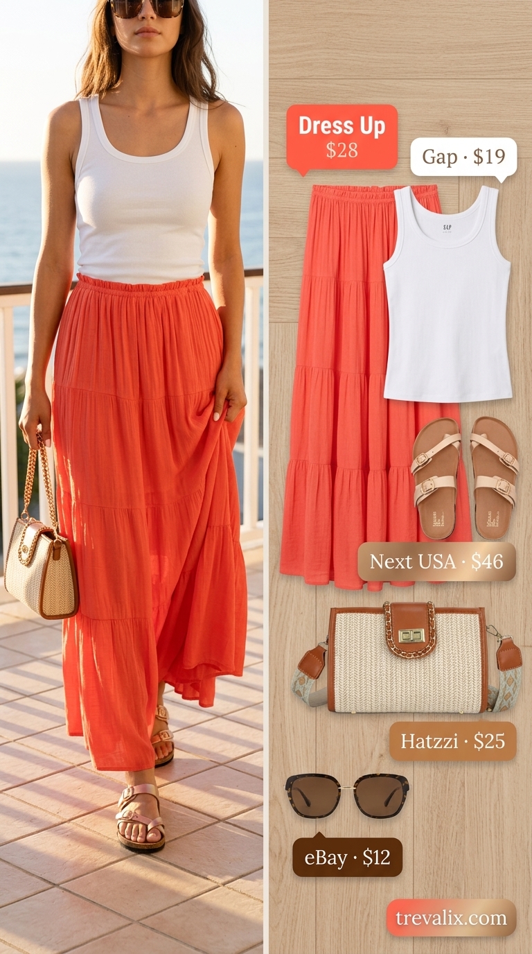 Coral Coast Getaway Tiered Maxi Skirt Outfits Summer 2026 Vibrant coral tiered maxi skirt outfit for summer 2026, with white tank, metallic sandals for resort lunch.