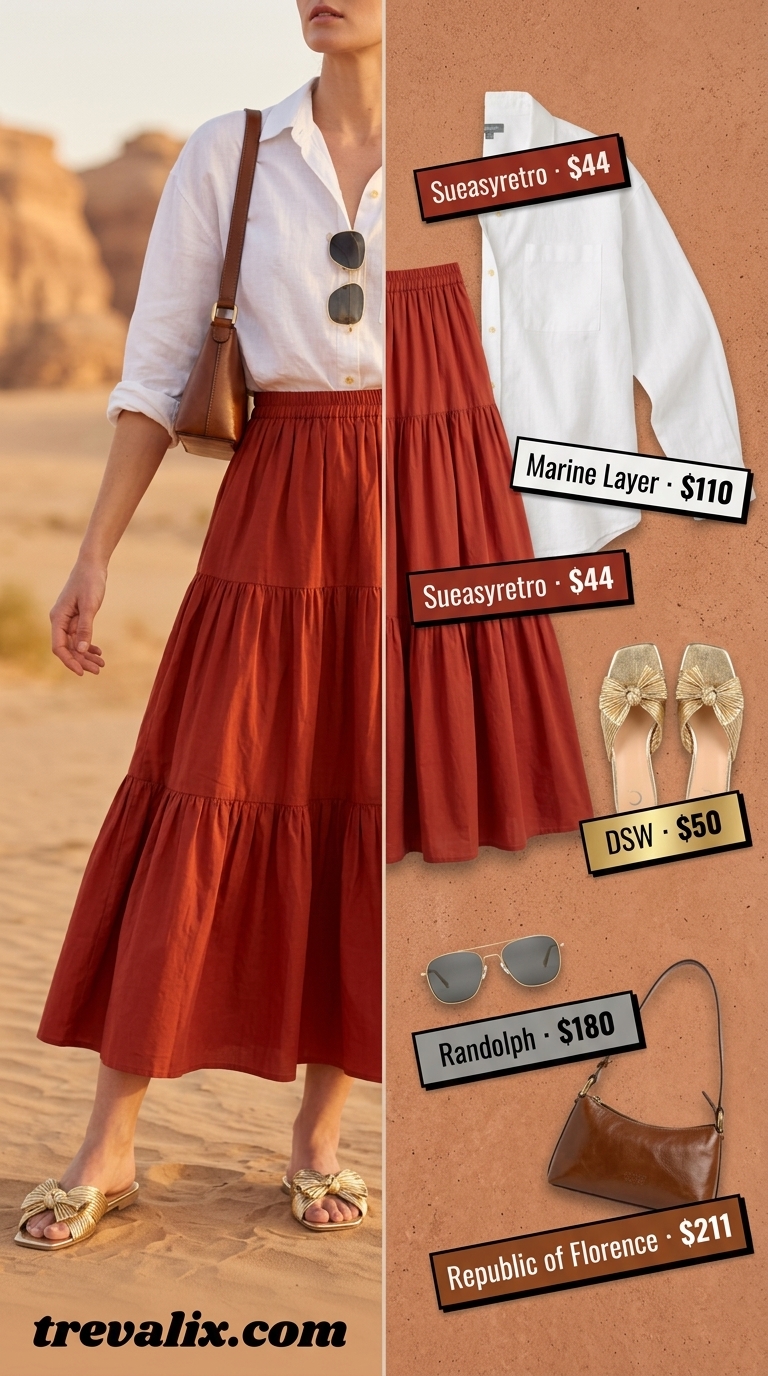 Desert Tiered Maxi Skirt Outfits Summer 2026 Tiered maxi skirt outfits summer 2026: Terracotta skirt, cream linen shirt tied, gold sandals, aviators.