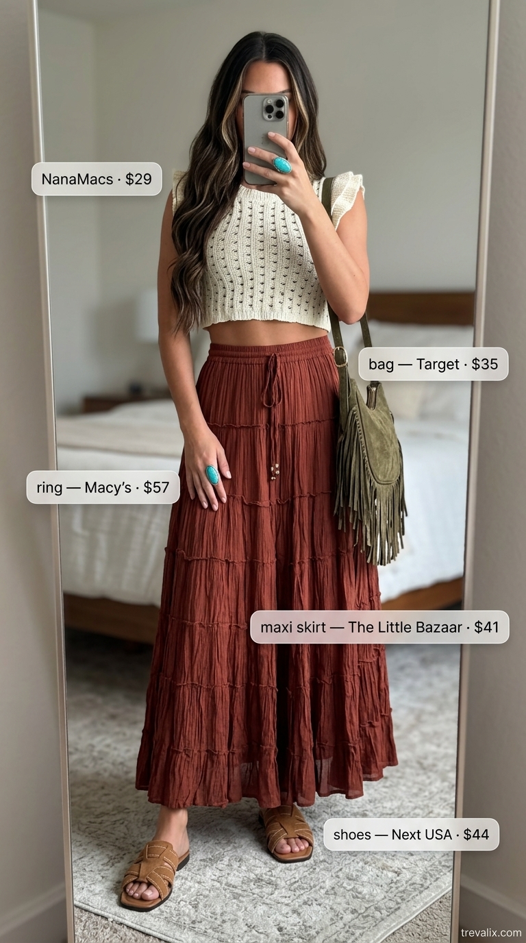 Tiered Maxi Skirt Outfits Summer 2026: Desert Wanderer Earthy terracotta tiered maxi skirt outfit with a crochet top and suede mules for summer 2026.