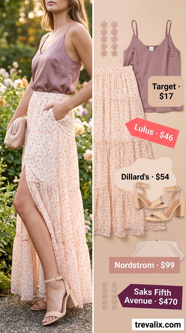 Tiered maxi skirt outfits summer 2026: Floral skirt, blush camisole, block heels, structured clutch.
