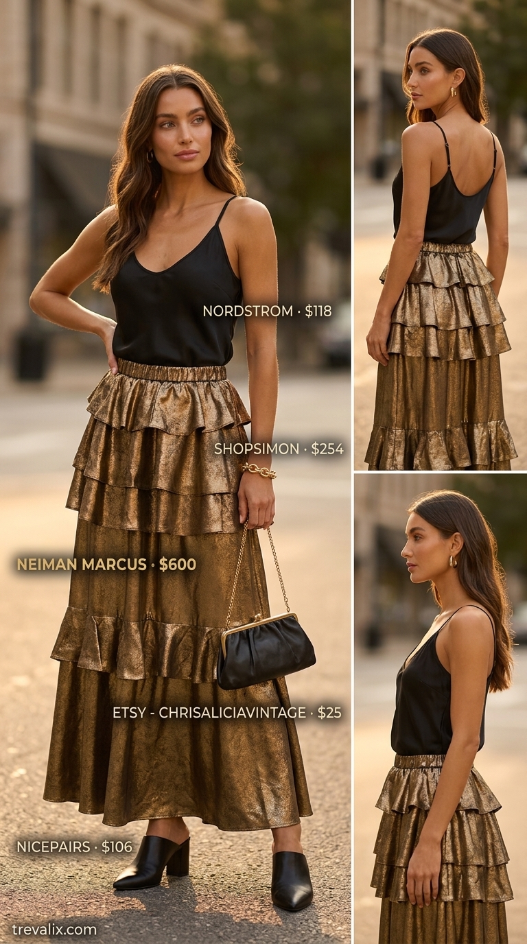 Tiered Maxi Skirt Outfits Summer 2026: Evening Glam Glamorous bronze tiered maxi skirt outfit with a silk camisole and block heels for summer 2026 evening.