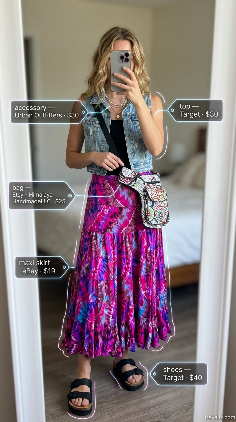 Tiered Maxi Skirt Outfits Summer 2026: Festival Vibe Artsy festival outfit with a tie-dye tiered maxi skirt, denim vest, and layered silver necklaces for summer 2026.