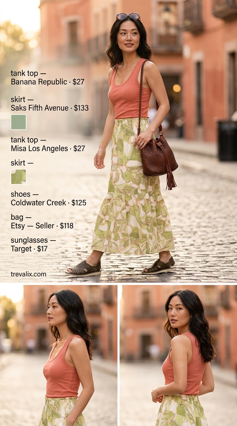 Tiered Maxi Skirt Outfits Summer 2026: Gallery Hopping Artsy watercolor print tiered maxi skirt outfit with a ribbed tank and leather sandals for summer 2026.