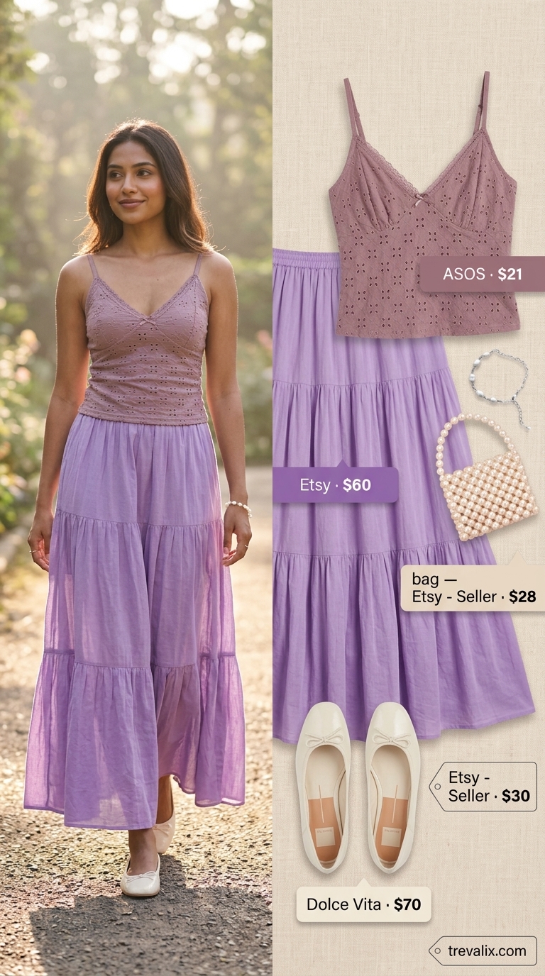 Tiered Maxi Skirt Outfits Summer 2026: Garden Party Romantic lavender tiered maxi skirt outfit with an eyelet camisole and ballet flats for summer 2026 garden party.