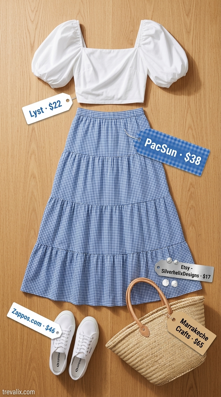 Sweet Gingham Picnic Tiered Maxi Skirt Outfits Summer 2026 Charming blue gingham tiered maxi skirt outfit for summer 2026, with white puff-sleeve top and sneakers for picnics.