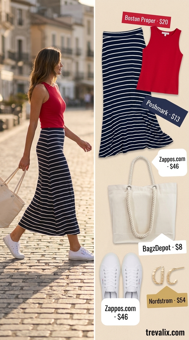Nautical Tiered Maxi Skirt Outfits Summer 2026 Tiered maxi skirt outfits summer 2026: Navy stripe skirt, red knit top, white sneakers, canvas tote.