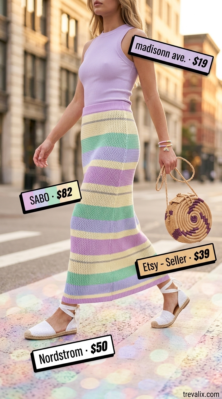 Pastel Tiered Maxi Skirt Outfits Summer 2026 Tiered maxi skirt outfits summer 2026: Pastel stripe skirt, lavender tank, raffia bag, espadrille flats.